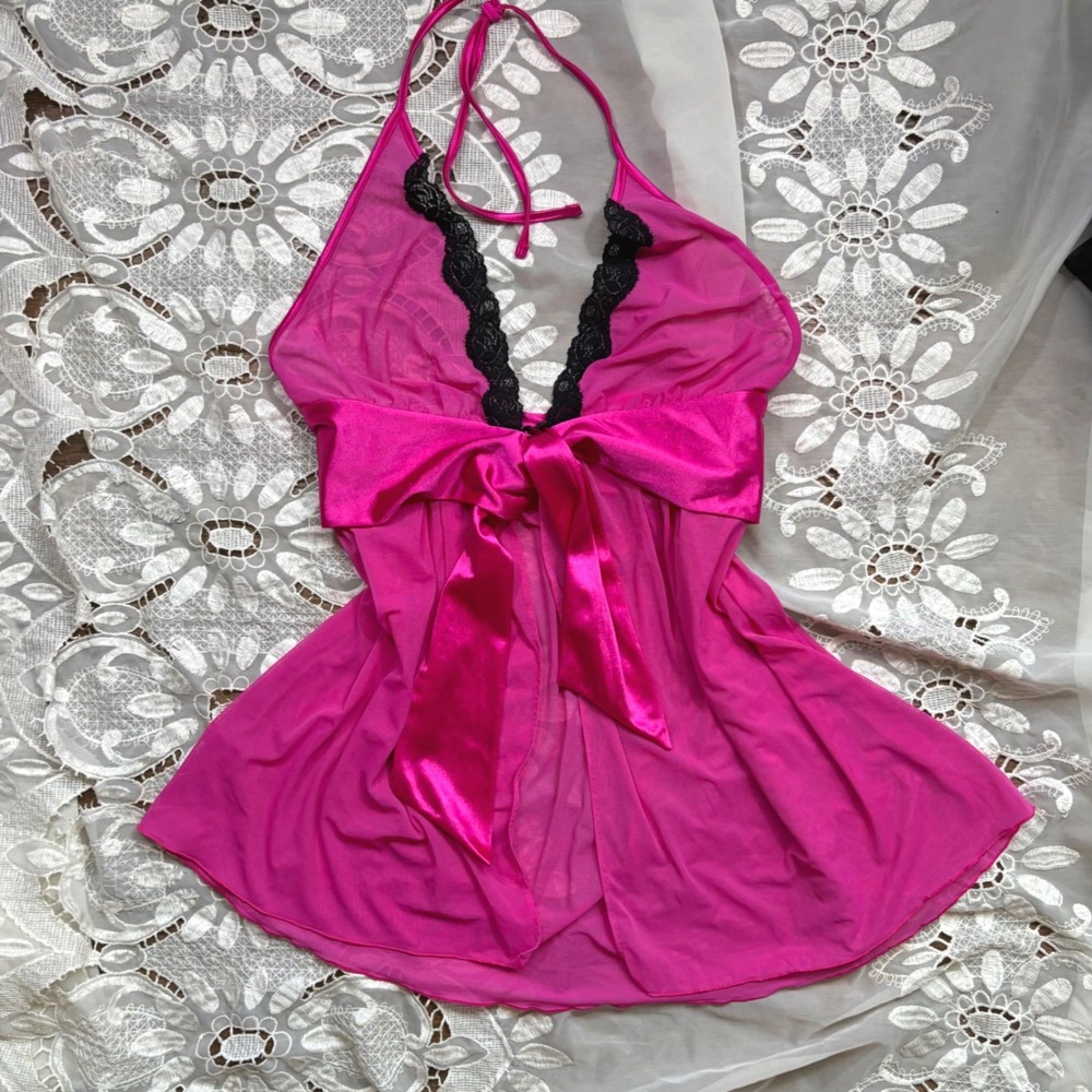 Babydoll Fairy Y2K Pink Lace Trim Halter Babydoll Chemise Mod Hot Pink Large